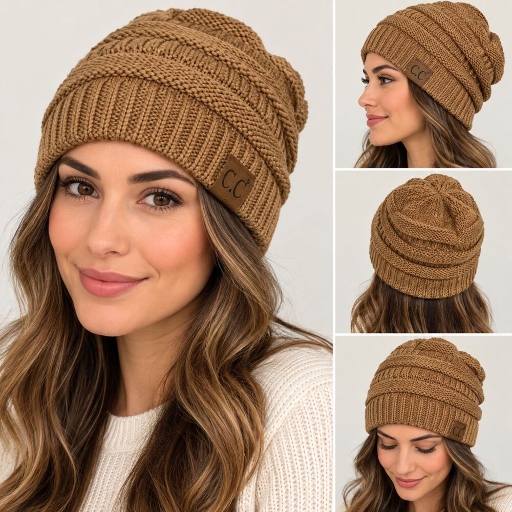 CC Beanie Womens Toast Almond Cable Knit Slouchy Winter Hat Warm Cozy NWT